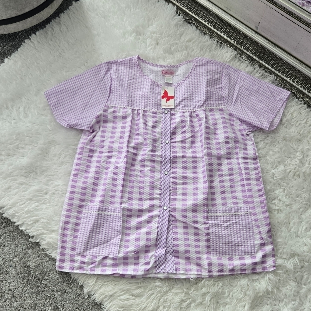 Toti Fashion Sleepwear SEERSUCKER SNAP FRONT TOP. Color:Purple Plaid. Size Large